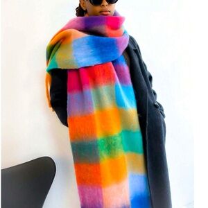 Cozy Multicolor Brushed Fabric Checkered Plaid Fringe Blanket Scarf